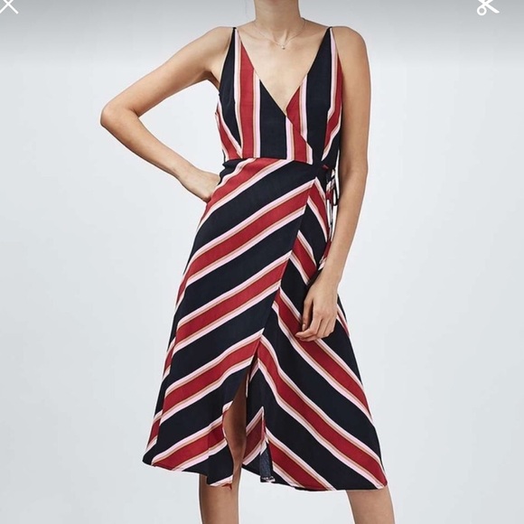 Top Shop Striped V-Neck Midi Wrap Dress - Red and Black - Picture 4 of 13